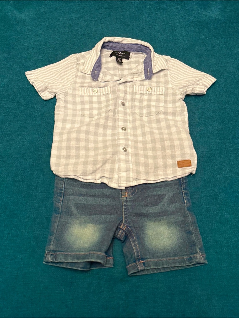 7 For All Mankind Toddler Blue & White Linen Collared Shirt & Denim Shorts 18M